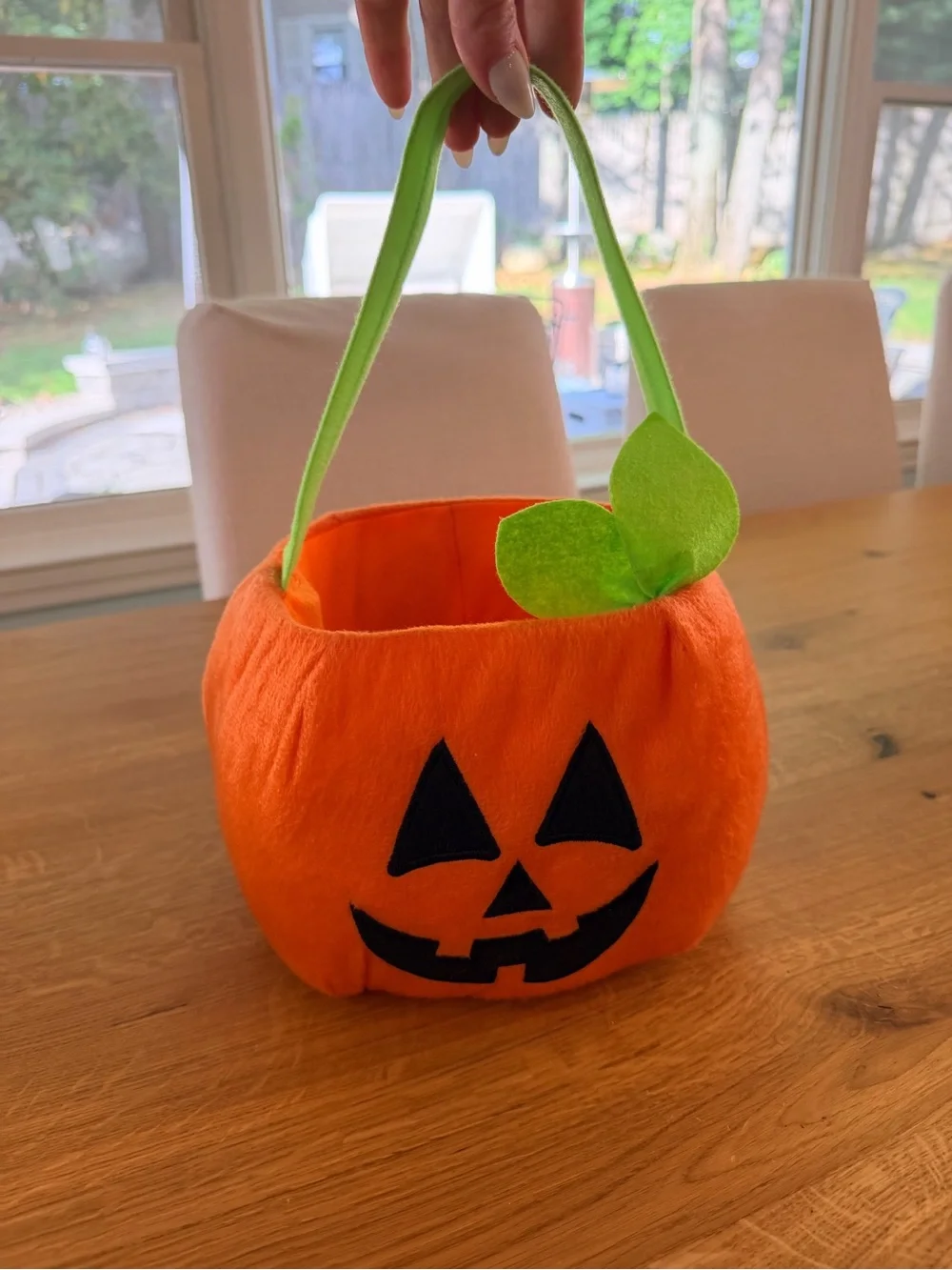 Orange Pumpkin Trick-or-Treat Bucket with Green Handle